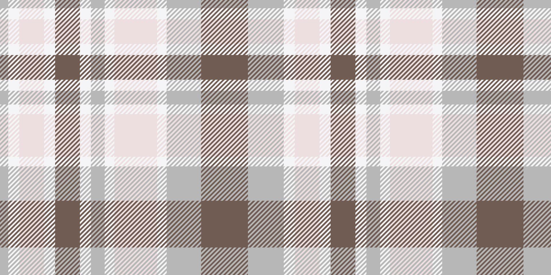 A seamless tartan plaid pattern in neutral grey and brown tones with soft pink highlights, featuring a classic woven texture. Ideal for textile designs, digital backgrounds vector