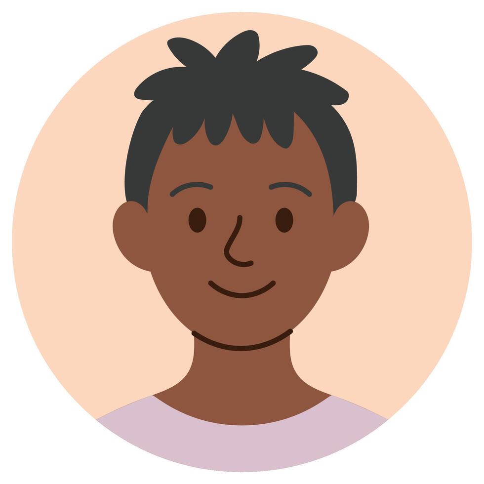 Cartoon avatar of smiling young black boy with short spiky hair isolated on pastel background vector