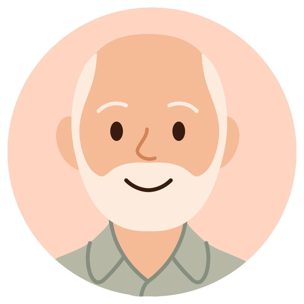 Cartoon avatar of smiling senior man with white hair and beard isolated on pastel background vector