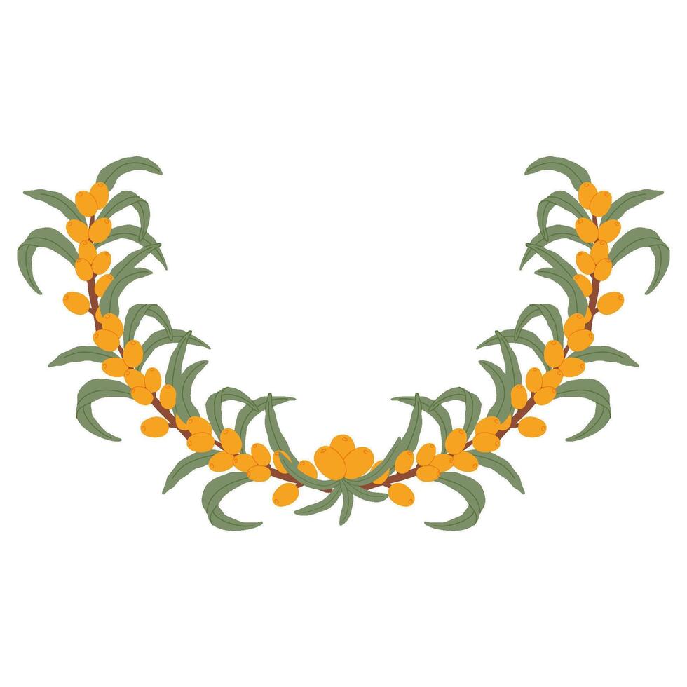 Botanical Sea Buckthorn Garland with Orange Berries and Green Leaves in a Hand-Drawn Natural Design vector