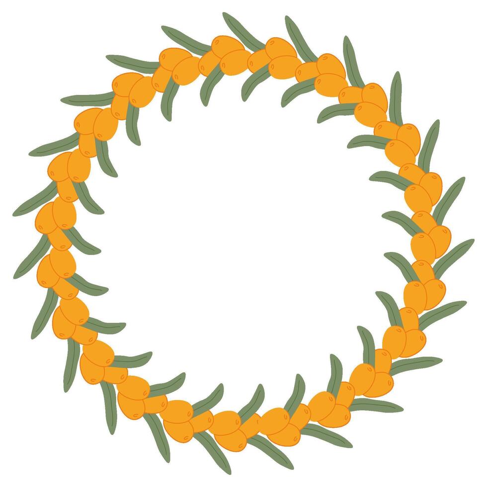 Hand-Drawn Sea Buckthorn Wreath with Orange Berries and Green Leaves in a Decorative Botanical Design vector