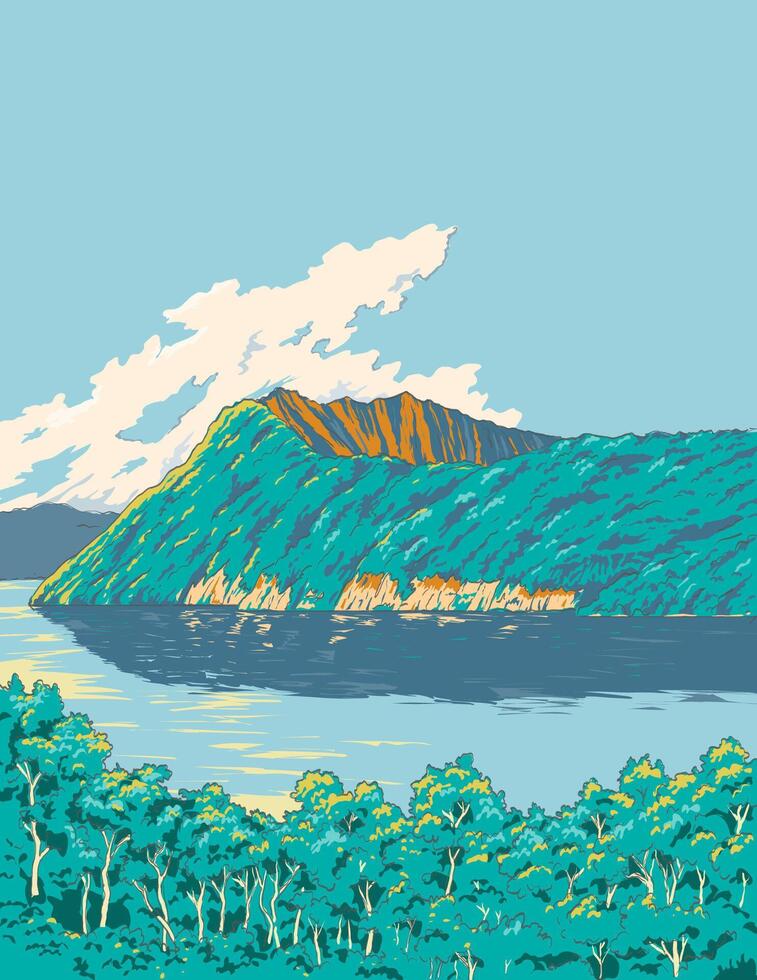 Lake Mashu in Akan Mashu National Park Japan Ukiyo-e Retro Woodblock Style vector