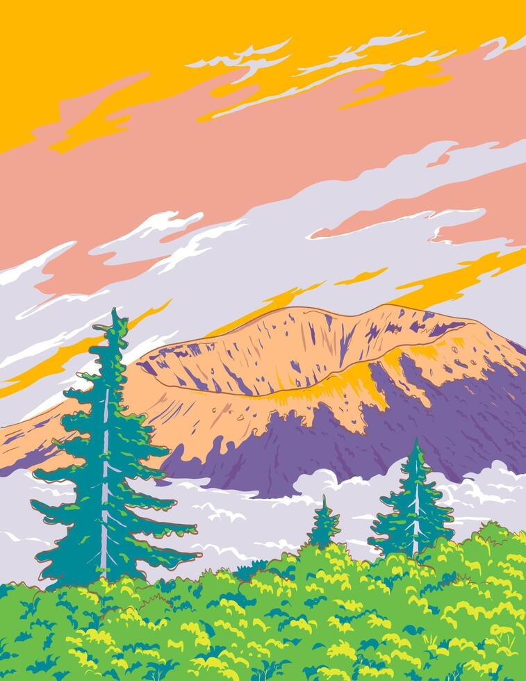 Mount Bandai in Bandai-Asahi National Park Japan ukiyo e Retro Woodblock vector