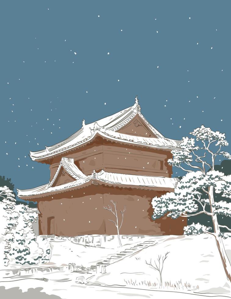 Motorikyu Nijo Castle in Kyoto Japan Ukiyo-e Retro Woodblock Style vector