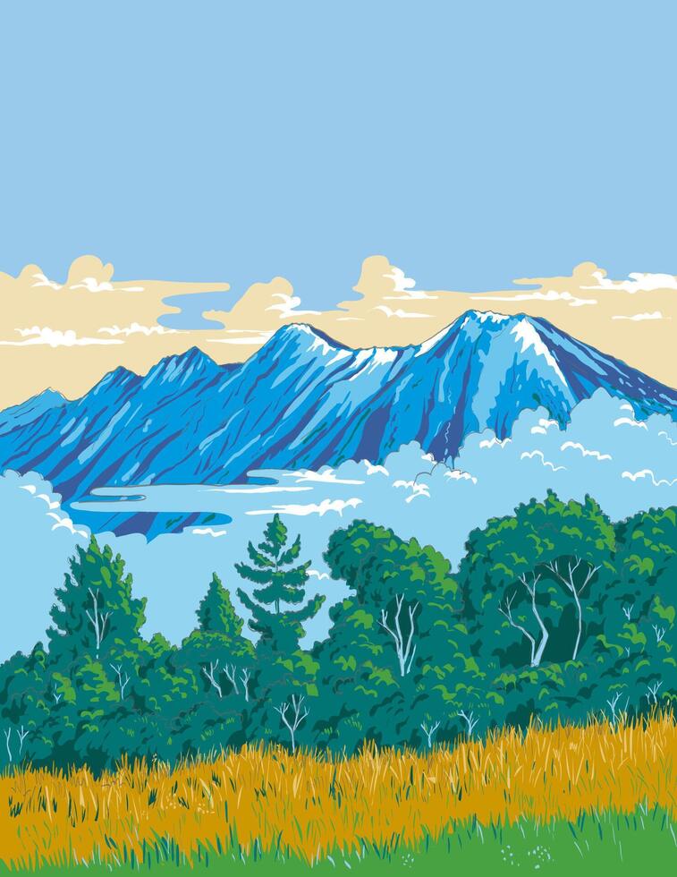 Minami Alps National Park in Japan ukiyo e Retro Woodblock Style vector