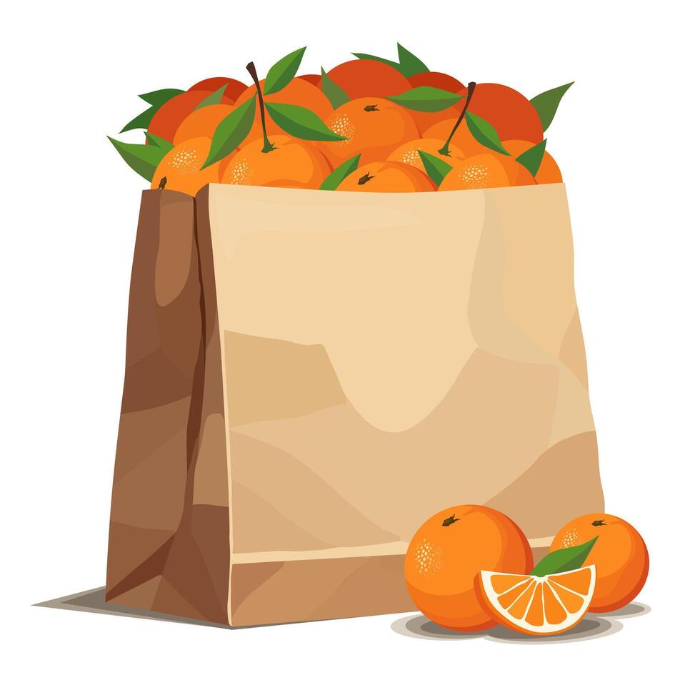 Paper bag full of healthy and juicy red oranges isolated on white background. fruit illustration in flat style. Summer clipart for diet design, healthy lifestyle, nutrition vector