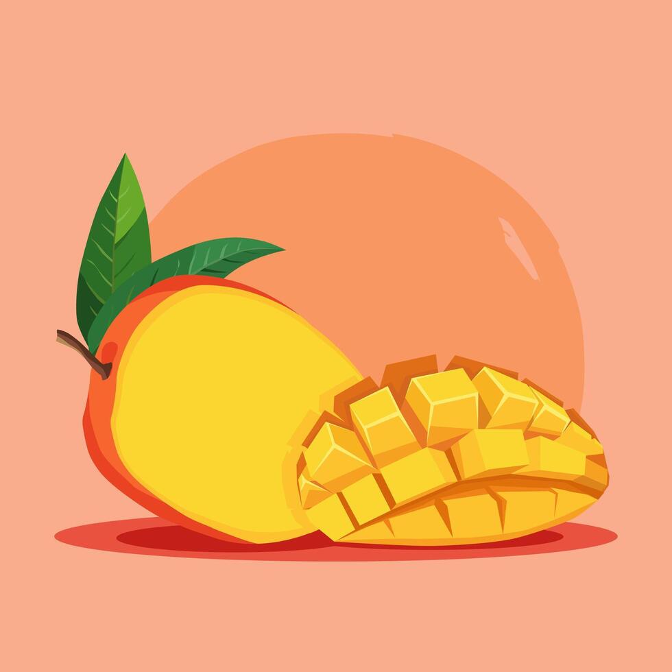 Tropical healthy yellow red mango fruit with green leaves isolated on bright colorful background. fruit illustration in flat style. Summer clipart for diet design, healthy lifestyle, nutrition vector