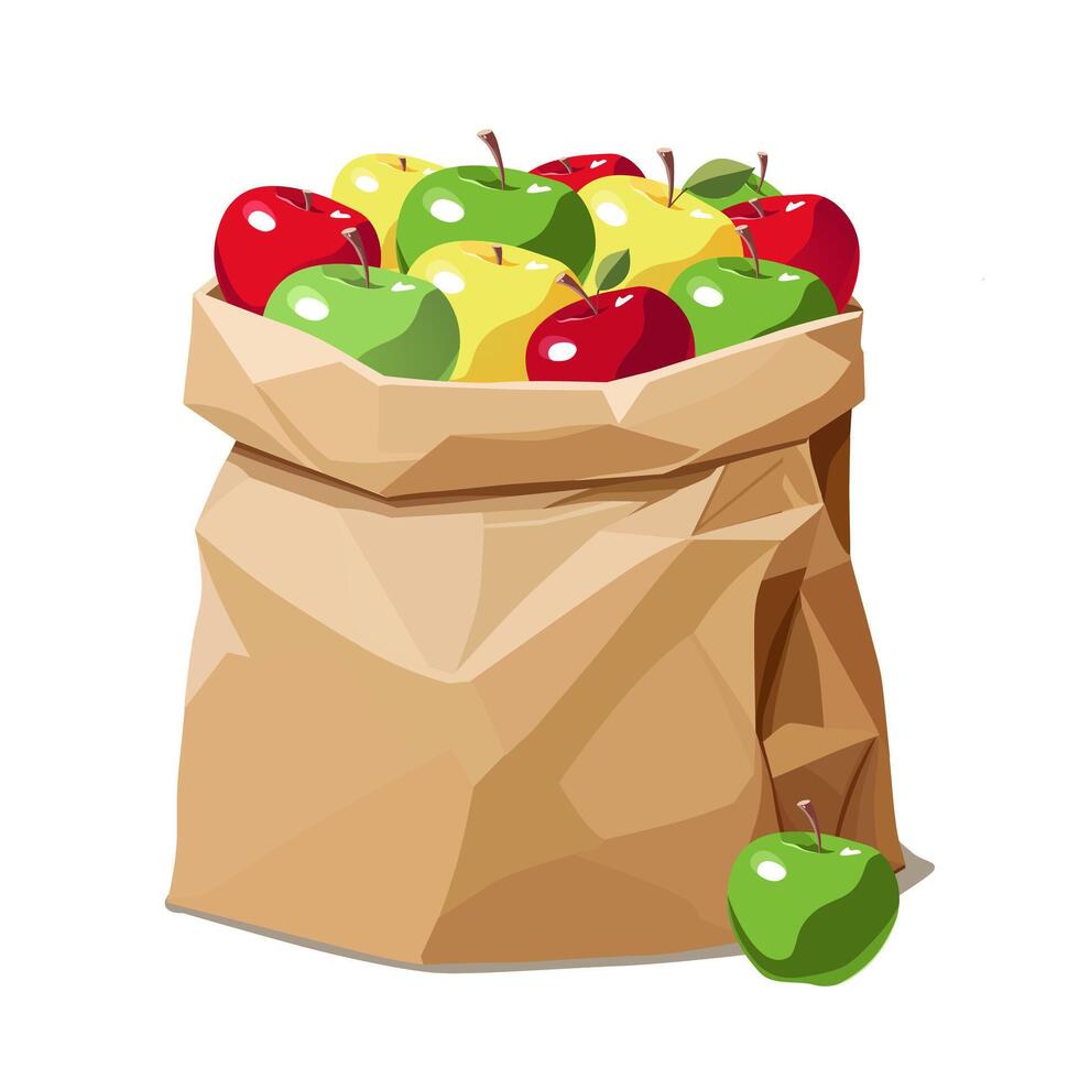 Paper bag full of healthy and juicy red, green and yellow apples isolated on white background. fruit illustration in flat style. Summer clipart for diet design, healthy lifestyle, nutrition vector