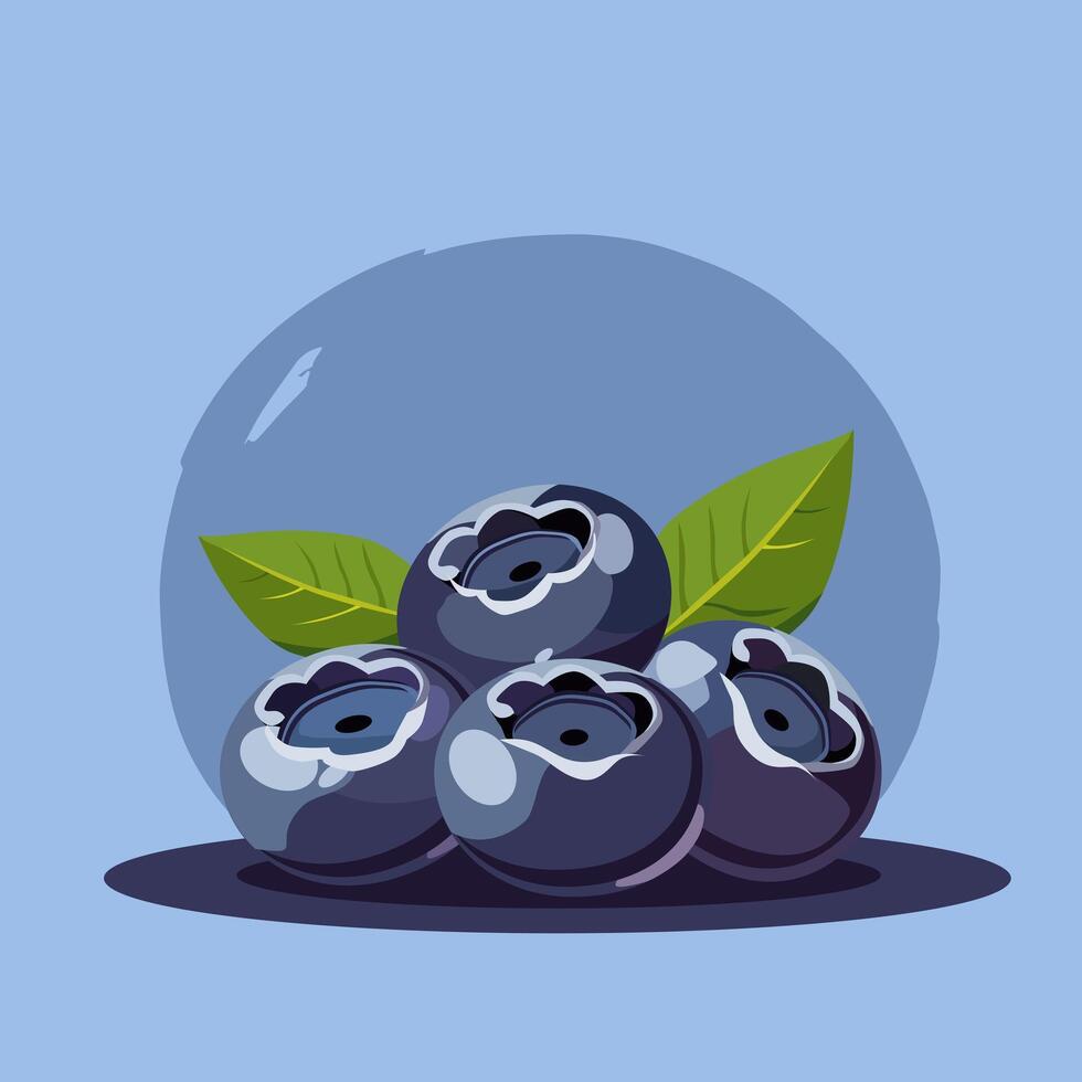 Juicy and healthy blue blueberry with green leaf isolated on bright colorful background. fruit illustration in flat style. Summer clipart for diet design, healthy lifestyle, nutrition vector
