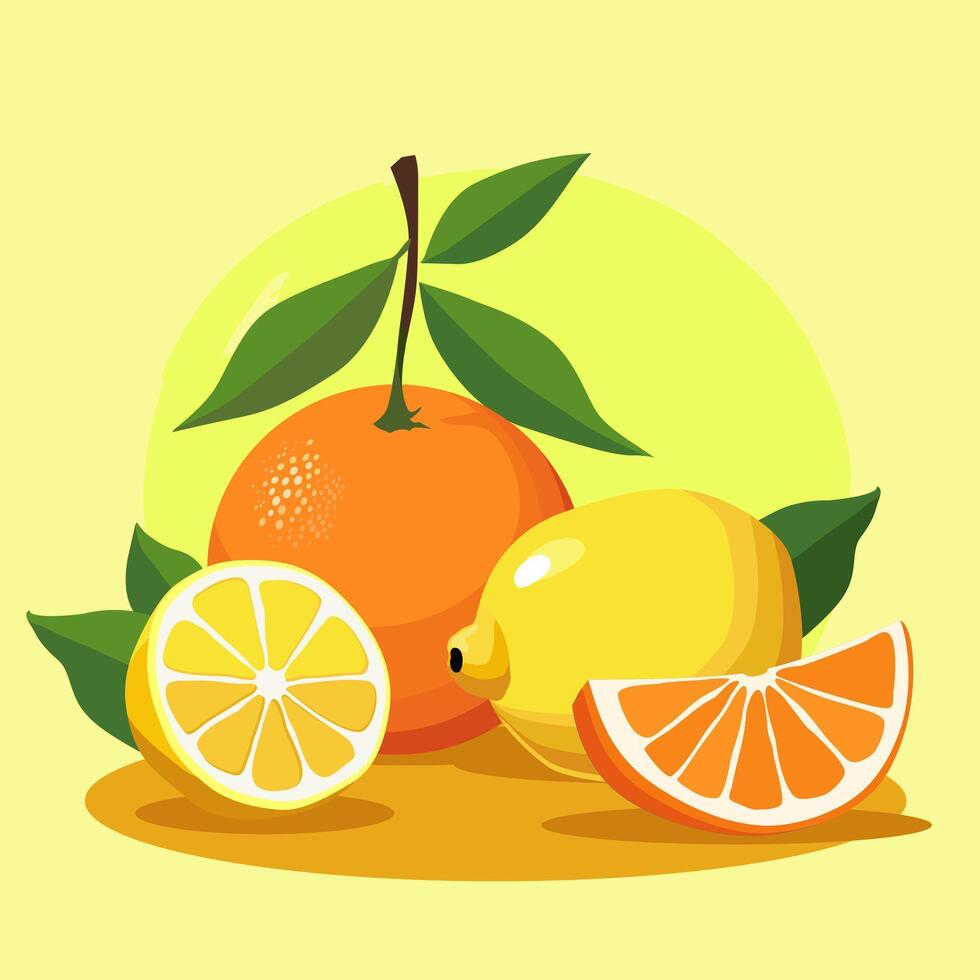 Juicy and healthy red orange and lemon with green leaf isolated on bright colorful background. fruit illustration in flat style. Summer clipart for diet design, healthy lifestyle, nutrition vector