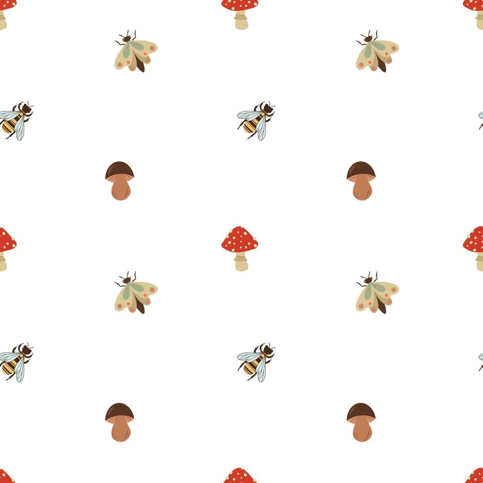 Mushrooms, bees and moth seamless pattern on a white background. Abstract and simple pattern. Hand drawn nature background vector