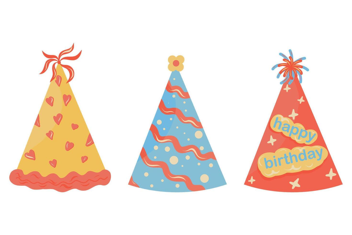 Birthday party hats icon set. Party hats on a white background. Hand drawn cone hats, stars, stripes, hearts. vector