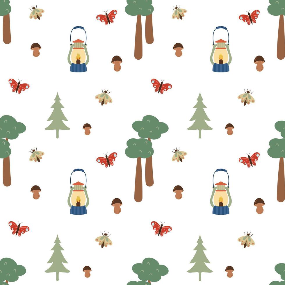 Forest seamless pattern on a white background. Mushrooms, boletus, butterflies, moth, trees, camping lanterns. Abstract and simple pattern vector