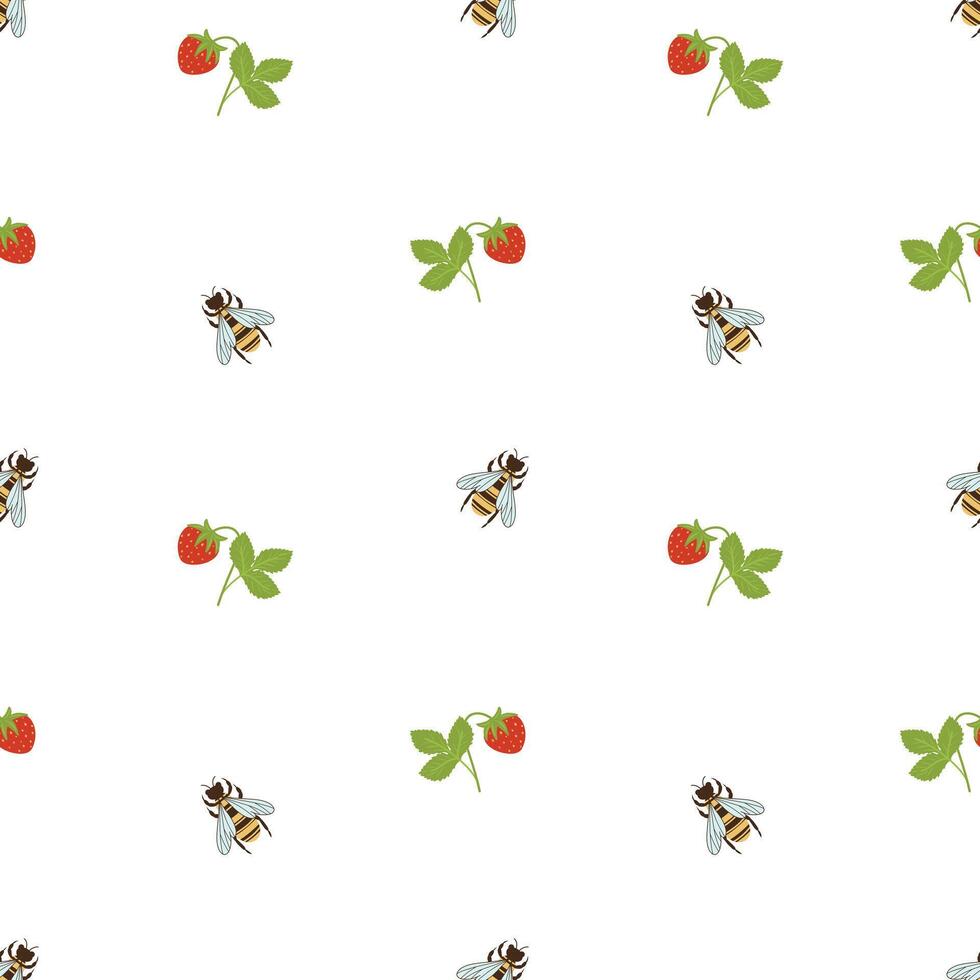 Strawberries and bees seamless pattern on a white background. Abstract and simple pattern. Hand drawn nature background vector