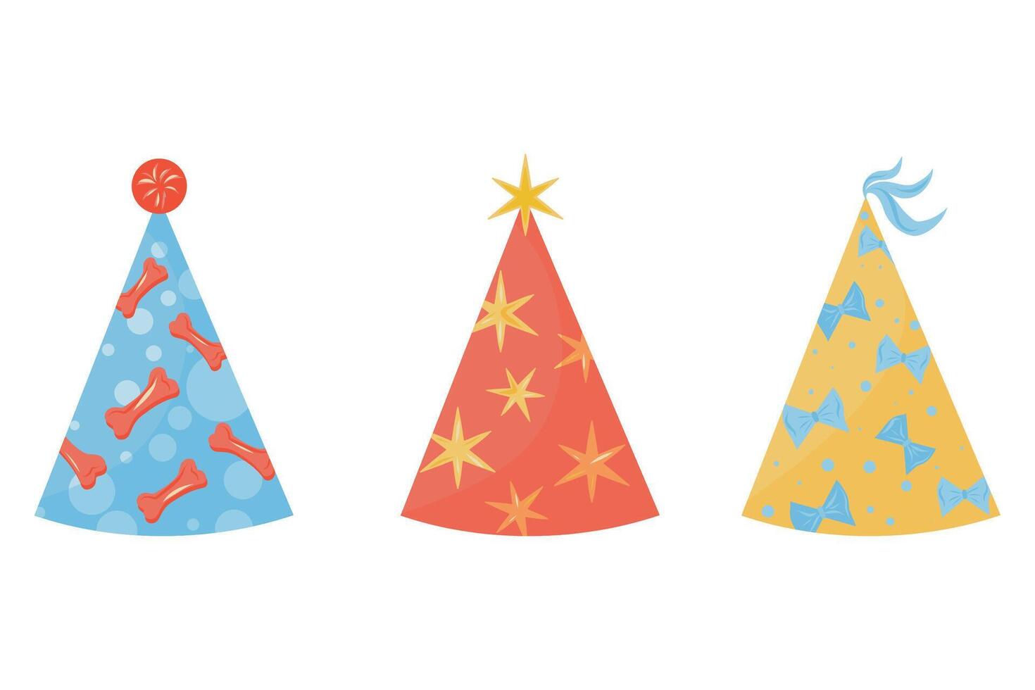 Party hats for dogs icon set. Party hats on a white background. Hand drawn cone hats, stars, dog bone, bows. vector