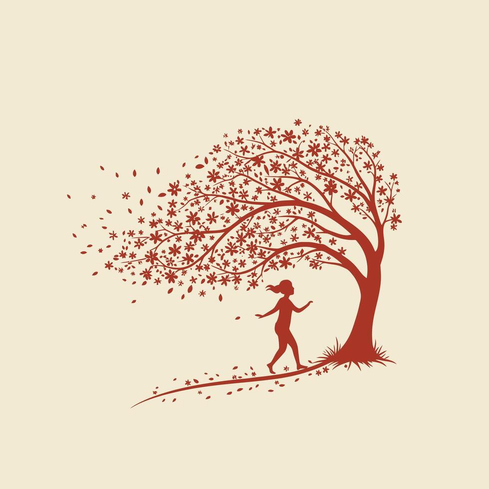 Logo design of a girl under a tree on a windy day vector