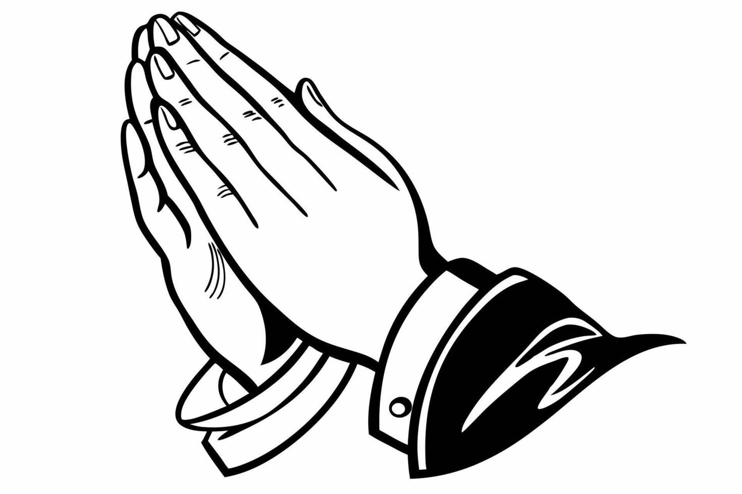 Black and white prayer hands icon, symbolizing faith, spirituality, and devotion. Simple illustration for religious, cultural, or inspirational themes. vector