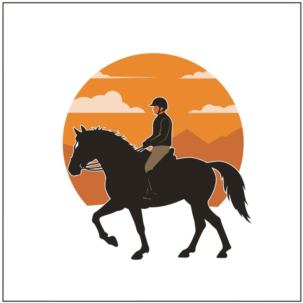 Logo design of a horse rider on a horse in the sunset vector