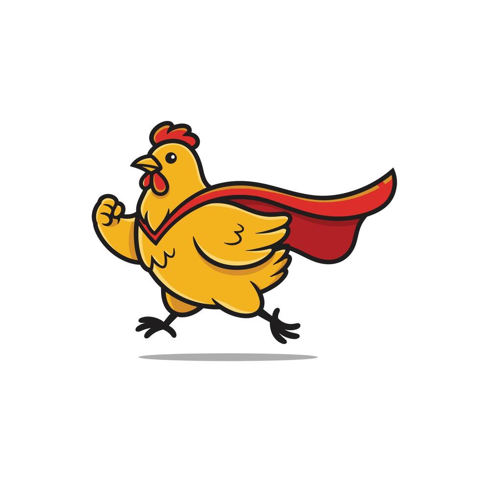 logo design of a cartoon chicken with a red cape running vector