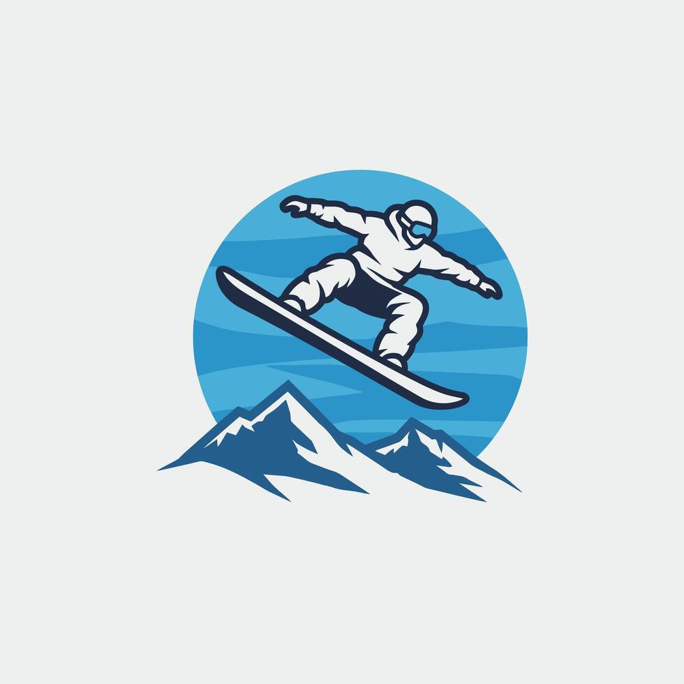 Snowboarder jumping over mountains logo design vector