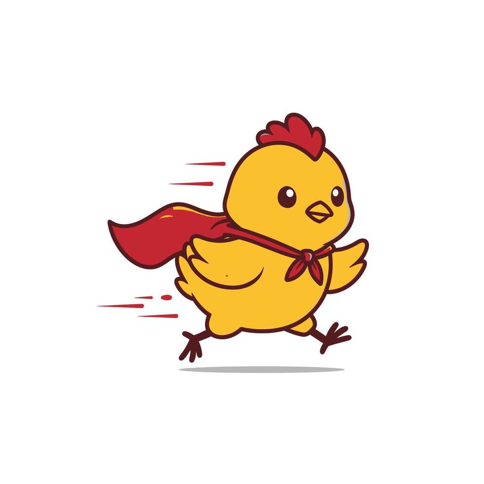 Logo design of a cartoon chicken running wearing a red cape vector