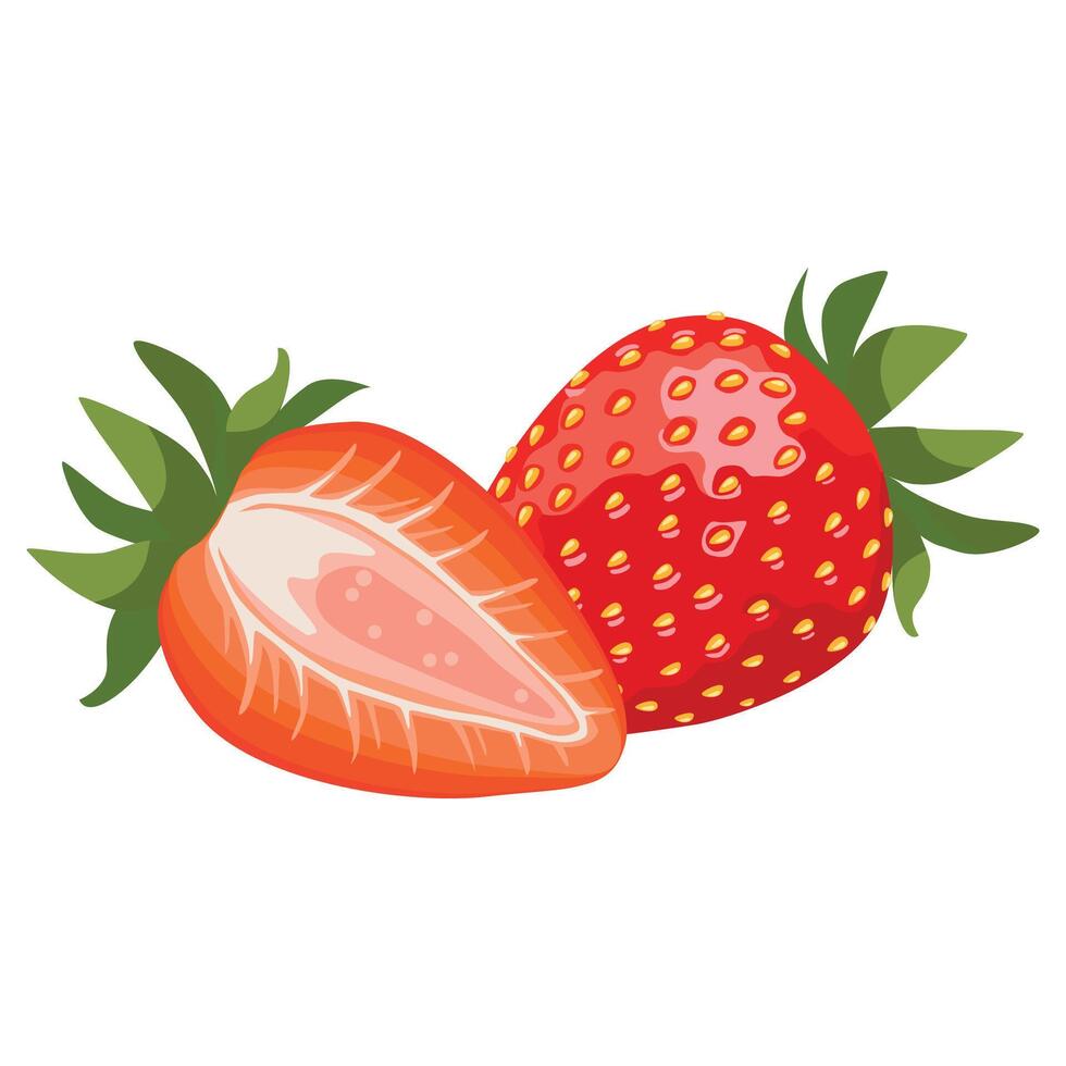 Red strawberries with green leaves. Cartoon illustration vector
