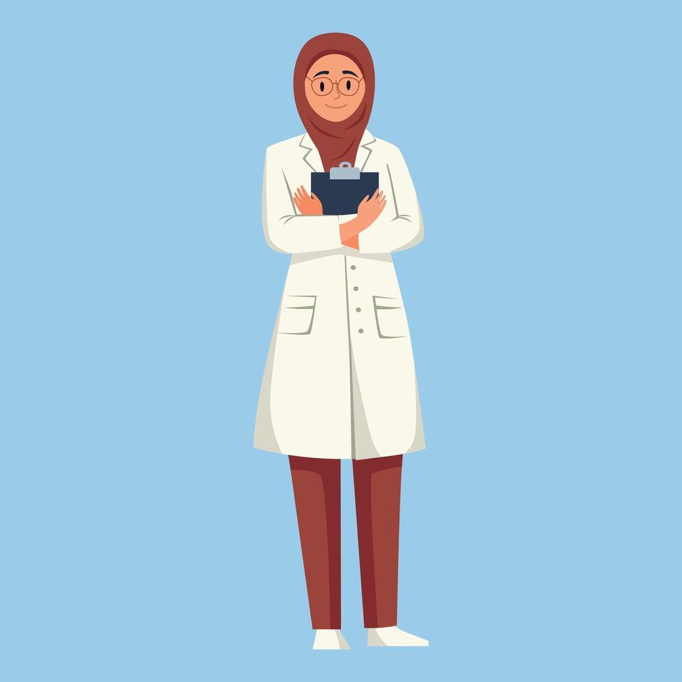 Muslim Doctors in white coats. Flat illustration on blue background. vector