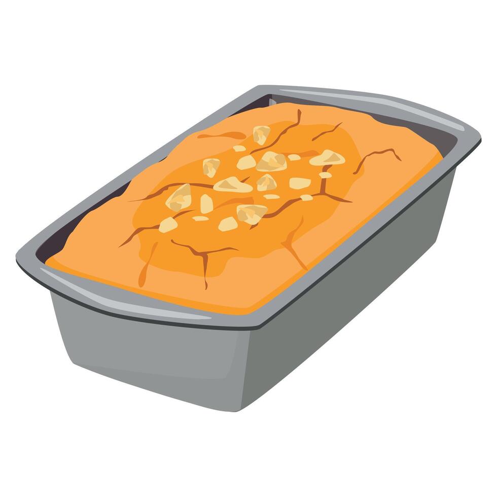Banana bread in a baking pan. Homemade baking. Cartoon illustration. vector