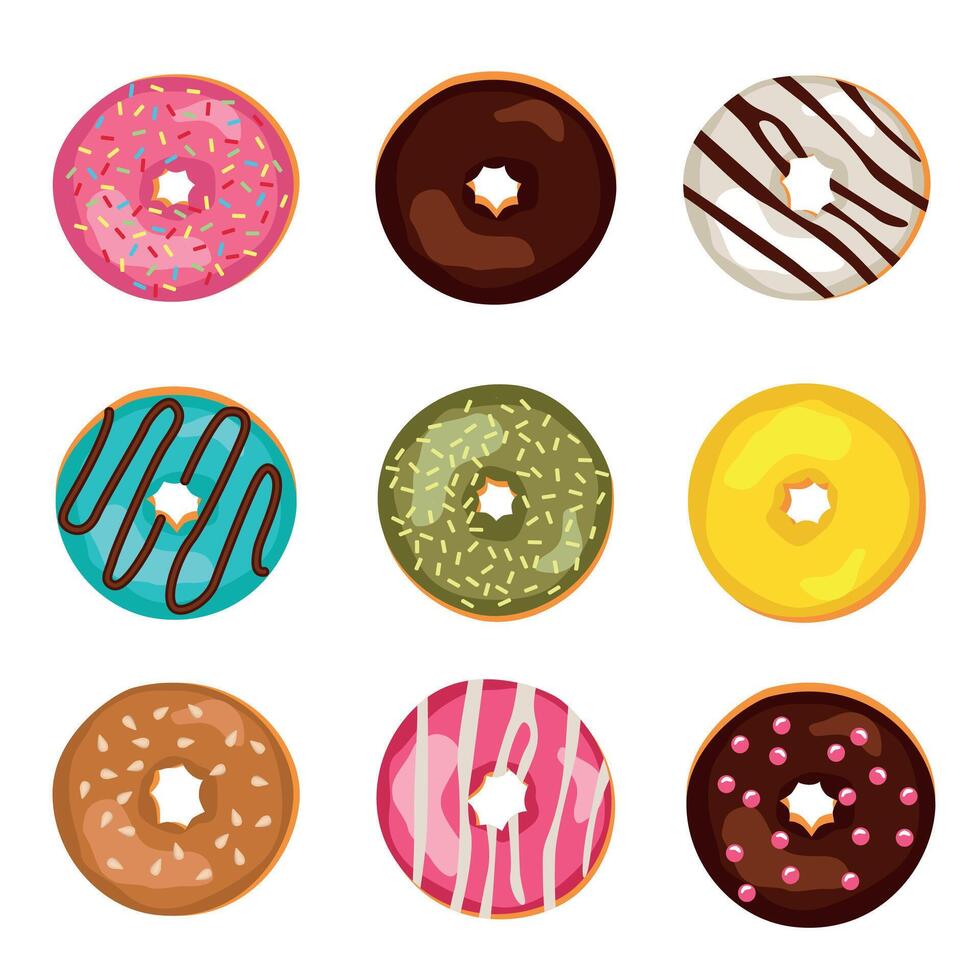 Set of donuts with different toppings, doughnut pastry dessert food set. Top view delicious sweet desserts donut with chocolate glaze. Cartoon illustration vector