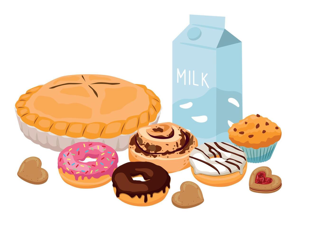 Various pastries from dough with milk. Homemade cakes. Cartoon illustration vector