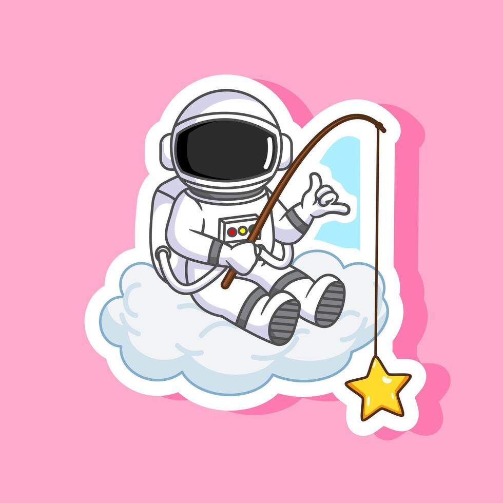 Sticker of Astronaut Fishing for a Star on a Cloud Illustration Cartoon Design vector