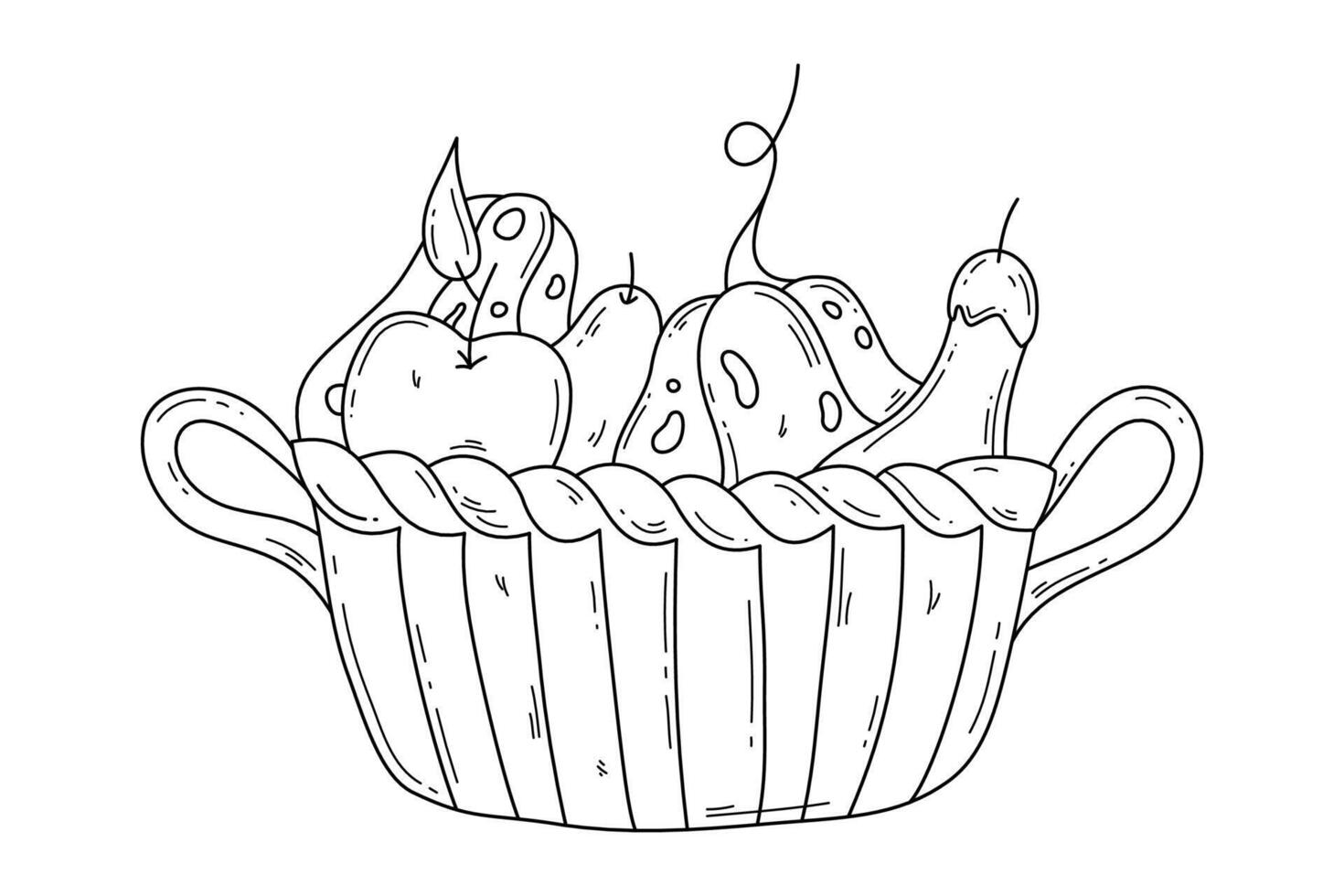 Hand drawn autumn harvest basket with pumpkins, apple, pear. Isolated doodle illustration, editable stroke vector
