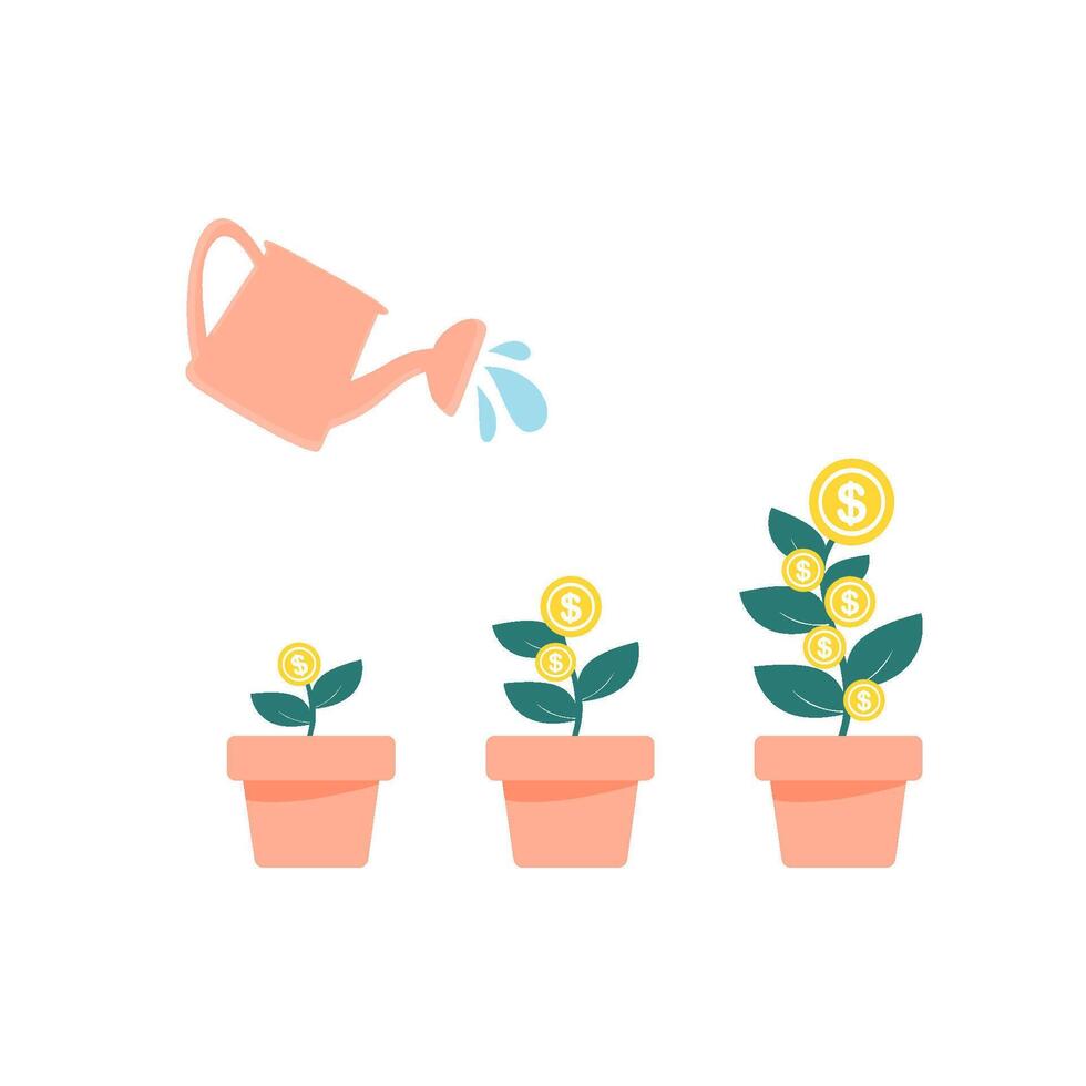 Dollars Financial Growth Stages with Money Investment Concept with Watering Can vector