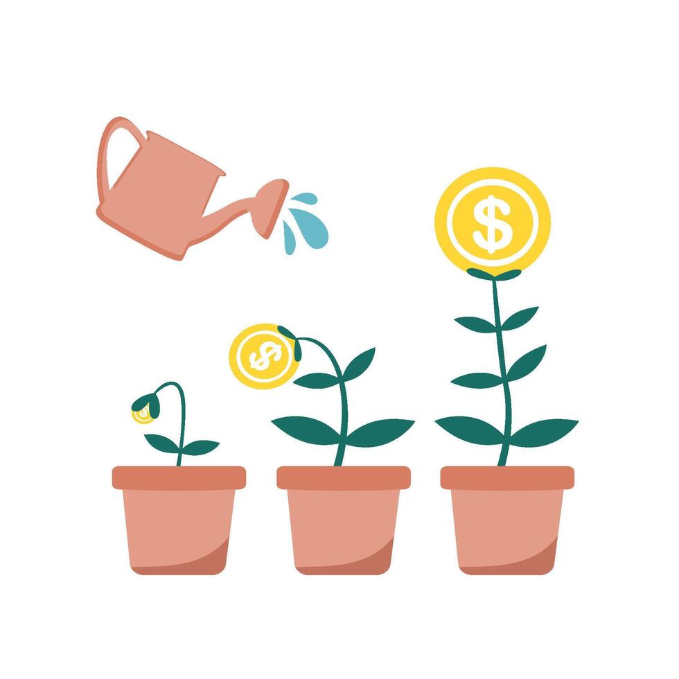 Financial Growth Stages with Money Investment Concept with Watering Can vector