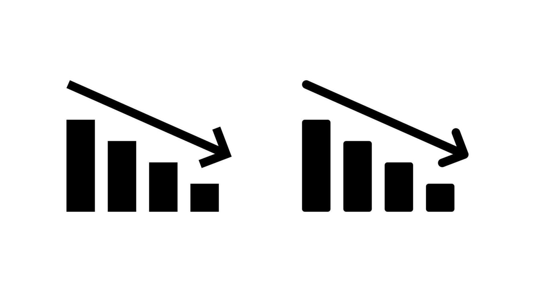 Decline bar chart with downward trend arrow icon. Decrease, loss, and financial crisis sign symbol vector