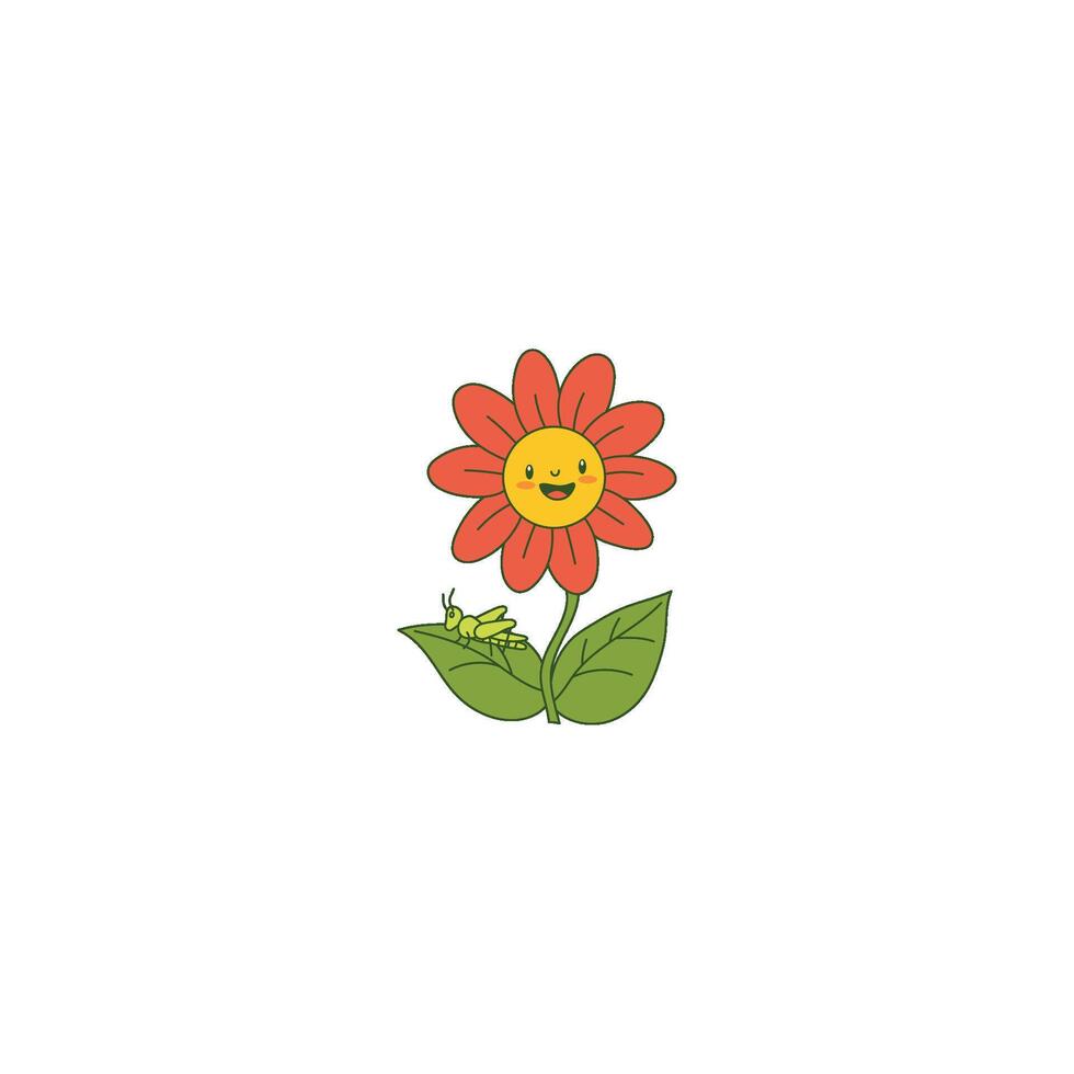 An icon of a red flower with a smiling face and a grasshopper near its base, symbolizing vitality, summer, and the lively sounds of nature. vector