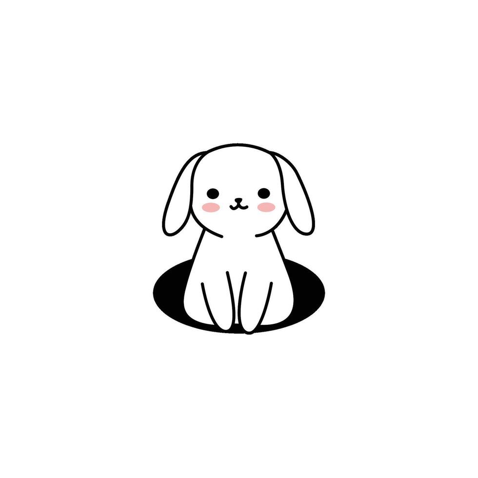 An icon of a cute white cartoon rabbit peeking out of a dark hole, symbolizing curiosity, emergence, and a playful hide-and-seek. vector