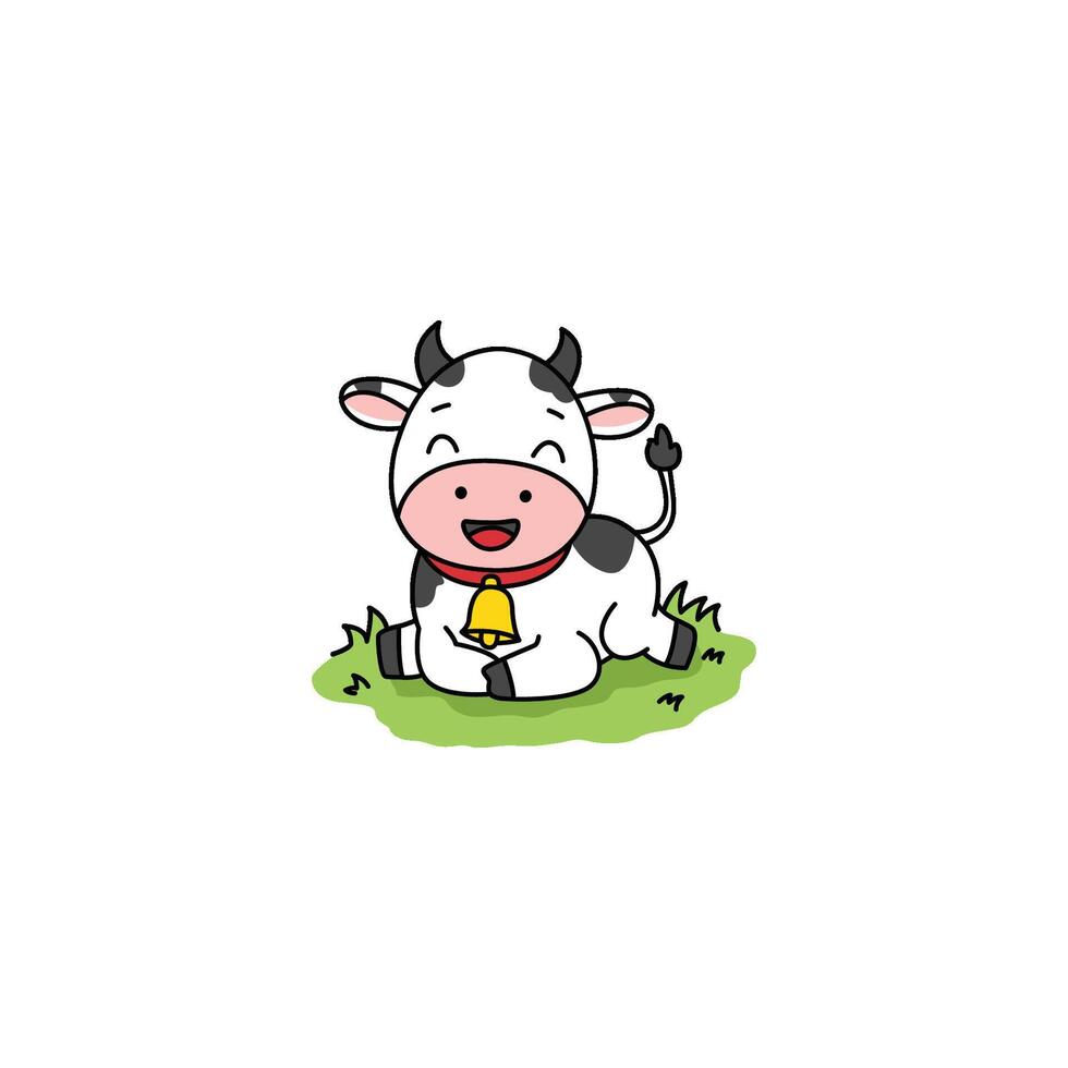 An icon of a cute cartoon calf sitting on green grass, wearing a bell collar, symbolizing pastoral life and gentle farm animals. vector