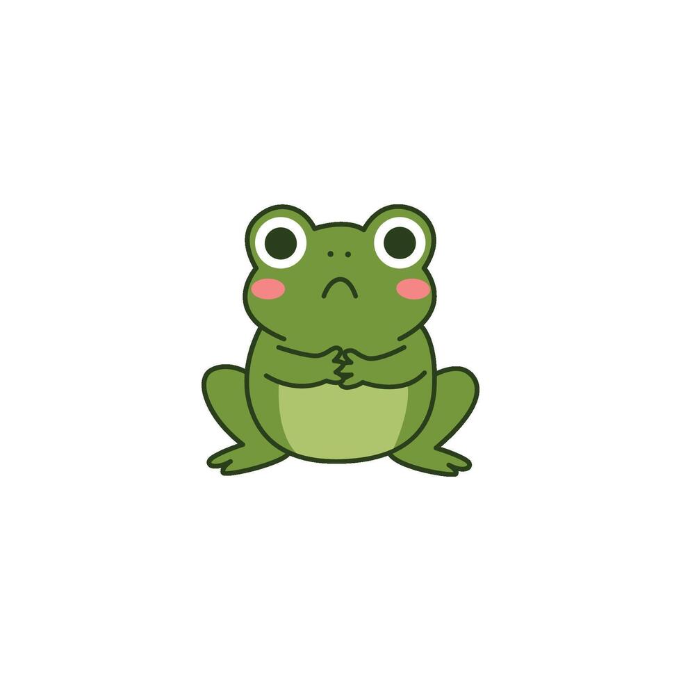An icon of a cute cartoon frog sitting with its hands clasped and a concerned or worried expression, suggesting contemplation, worry, or distress. vector