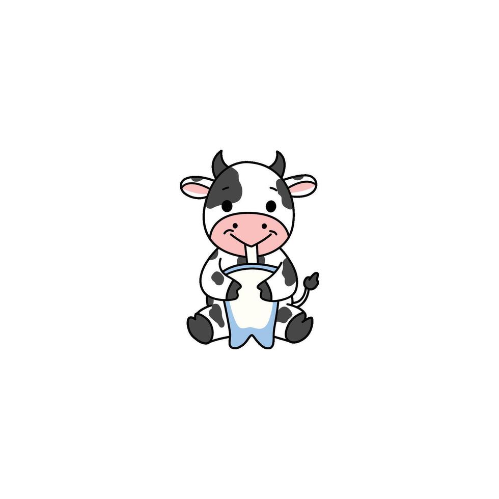 An icon of a cute cartoon calf drinking milk from a bottle, symbolizing nurturing, growth, and the innocence of young farm animals. vector