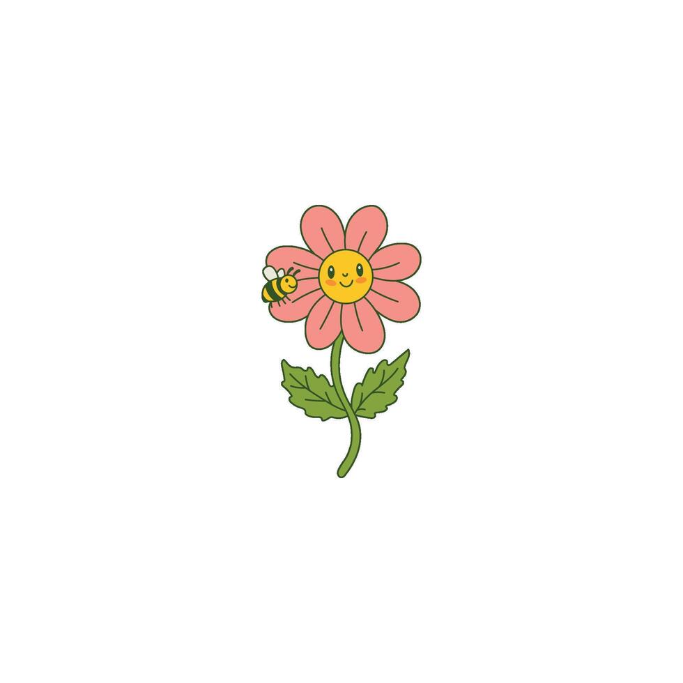 An icon of a pink flower with a smiling face and a small bee on its petal, symbolizing pollination, nature's harmony, and a cheerful garden scene. vector