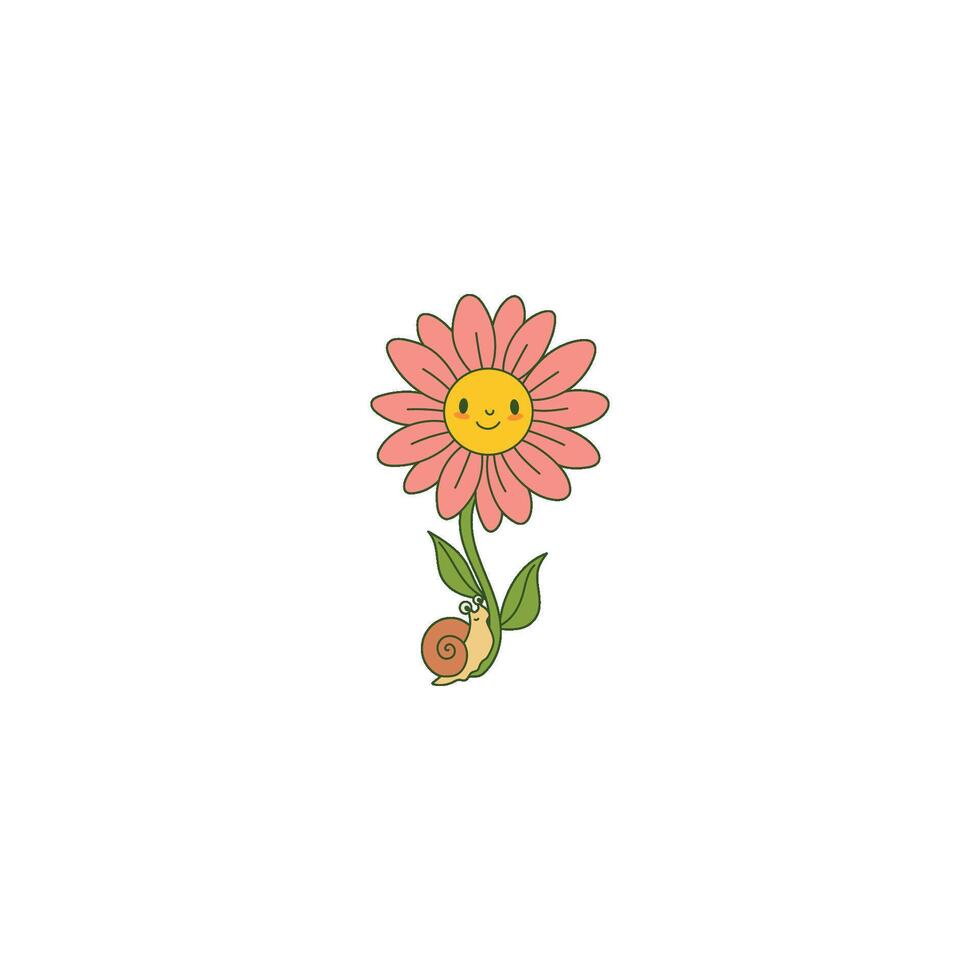 An icon of a pink flower with a smiling face and a snail on its stem, emphasizing a different perspective of the snail's journey on the flower. vector