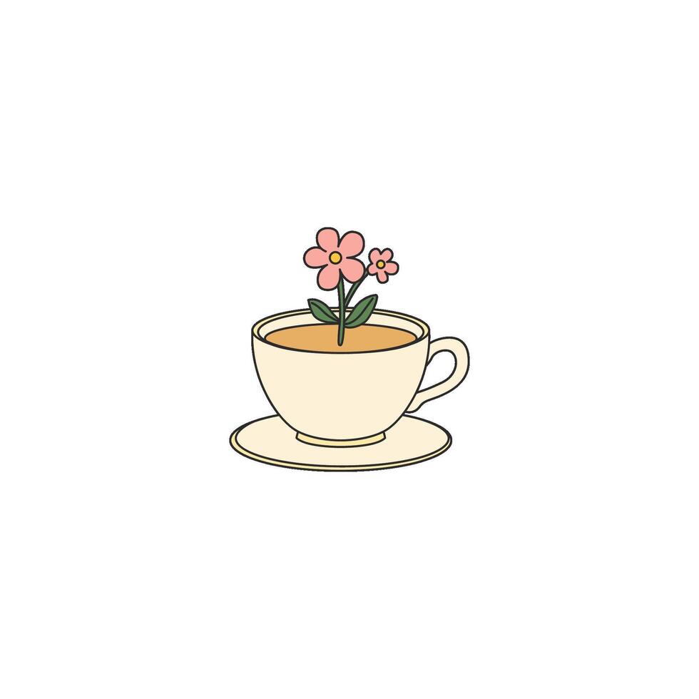 An icon of a small pink flower with green leaves emerging from a white teacup on a saucer, symbolizing gentleness, natural infusion, and a touch of floral elegance in everyday items. vector