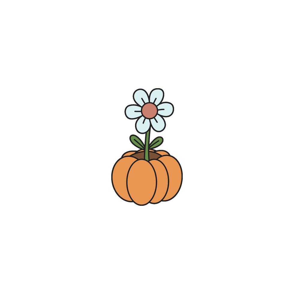 An icon of a blue flower with green leaves in an orange pumpkin, symbolizing autumnal charm, seasonal decor, and creative holiday planting. vector