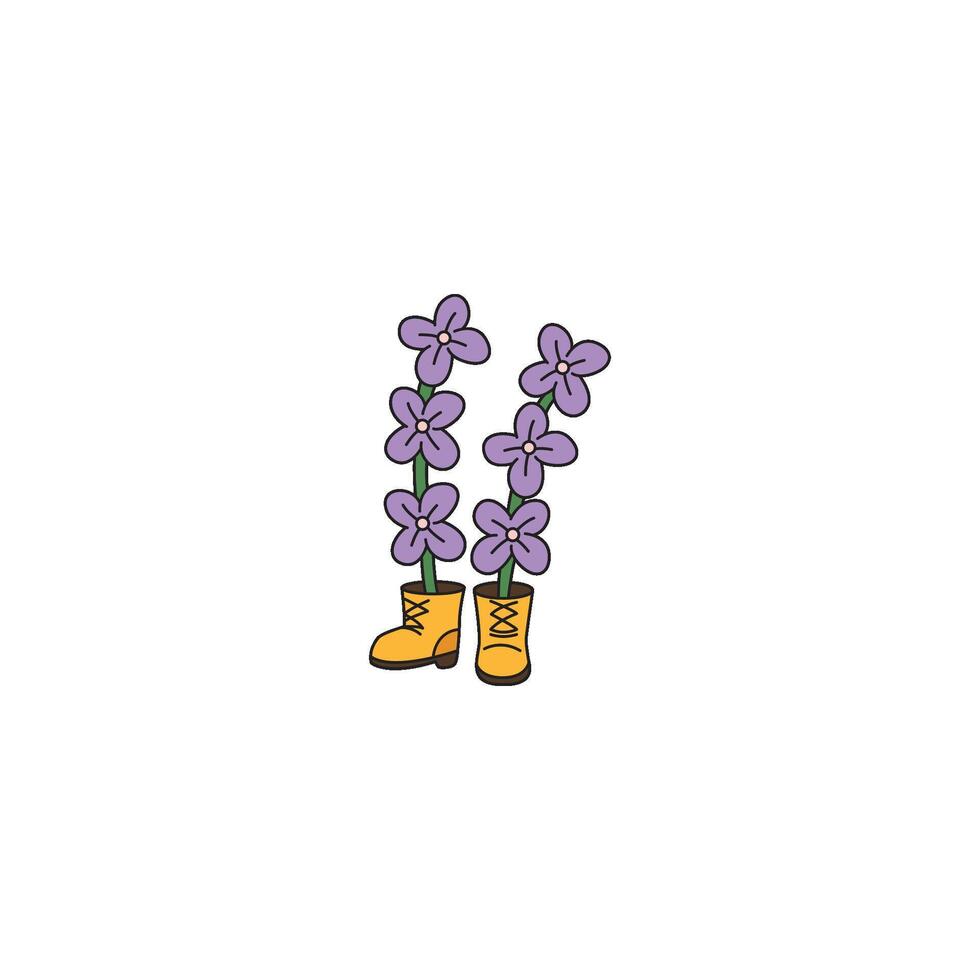 An icon of purple flowers with green stems, wearing yellow rain boots, symbolizing readiness for any weather, cheerfulness, and playful outdoor charm. vector