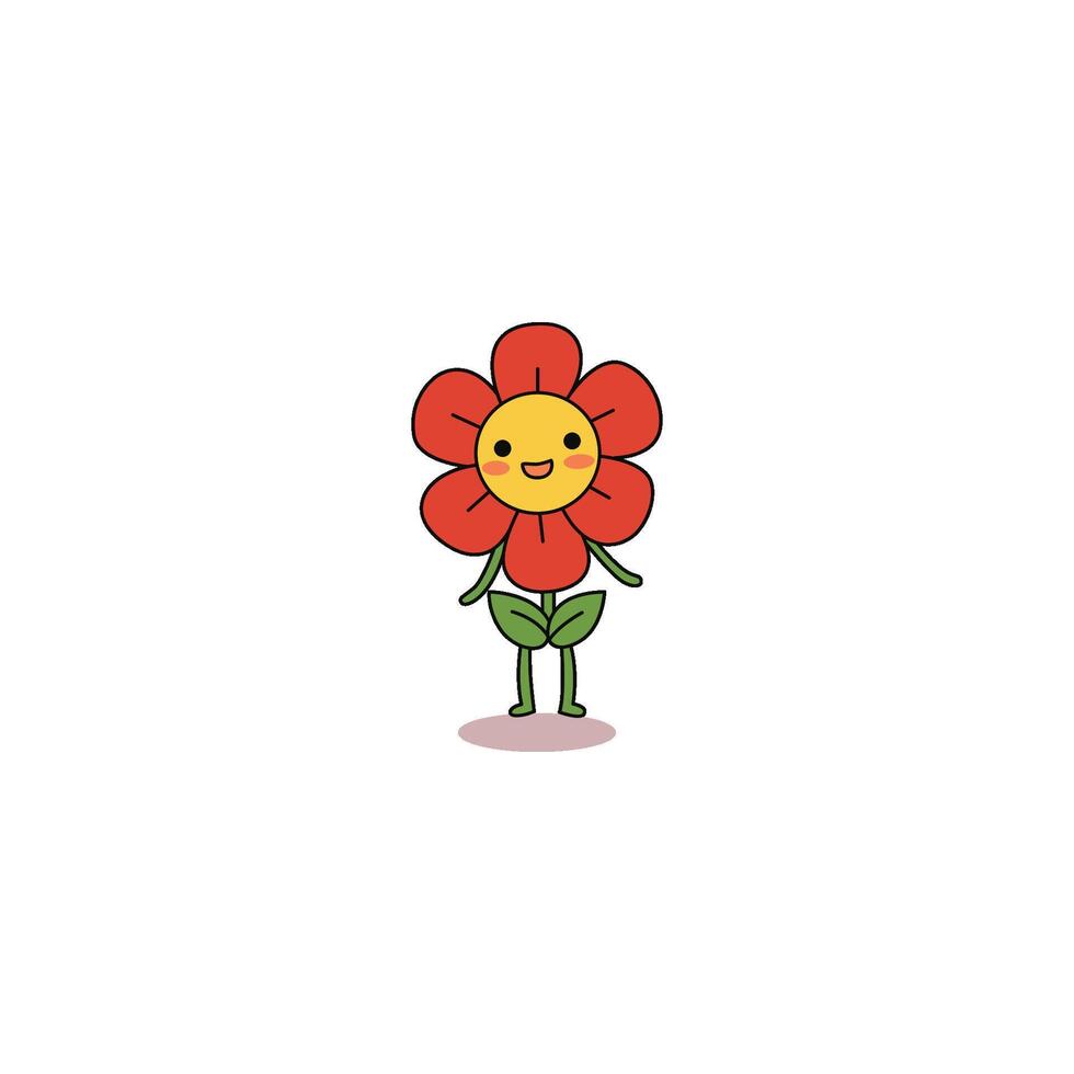 An icon of a red flower character with a confident smile and legs, suggesting movement, personality, and a dynamic presence. vector