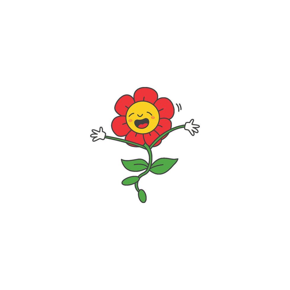 An icon of a red flower character with a happy face and outstretched arms, depicted as if jumping, symbolizing exuberance, excitement, and energy. vector