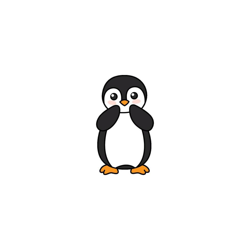 An icon of a cute cartoon penguin covering its face with its flippers, suggesting shyness, bashfulness, or a playful peek-a-boo. vector