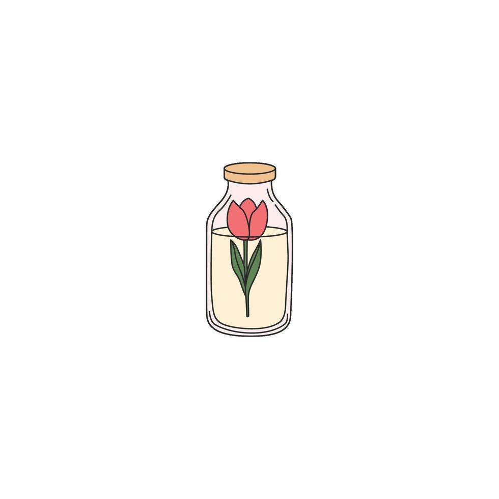An icon of a red tulip with green leaves in a glass milk bottle, symbolizing freshness, spring, and a cheerful, wholesome display. vector