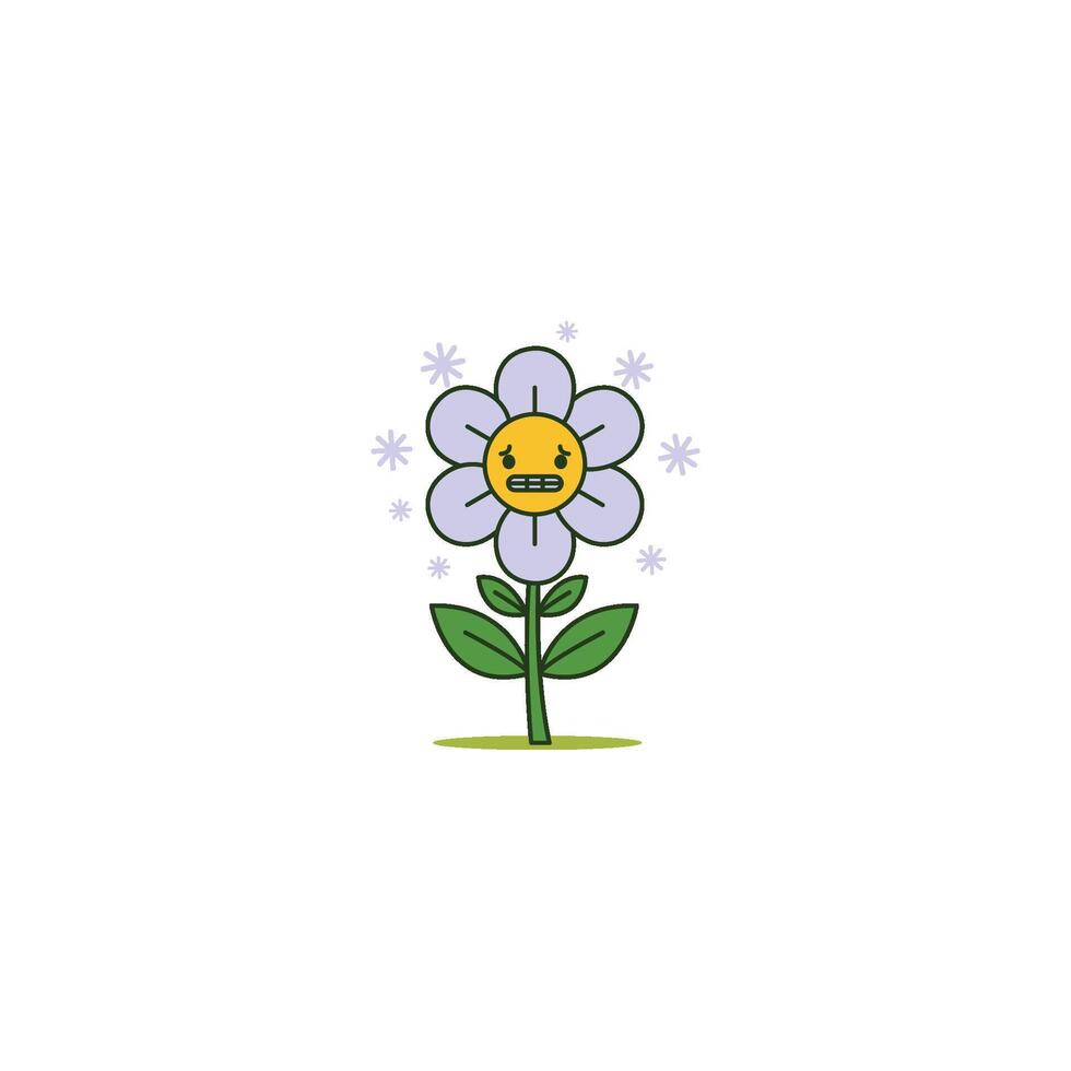 An icon of a purple flower with snowflakes surrounding it and a bundled-up face, representing winter, cold, and the dormant period of nature. vector